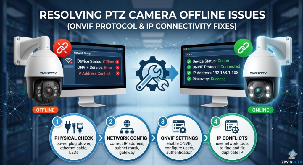 ¿Cámara PTZ sin conexión? Soluciones de conectividad IP y protocolo ONVIF